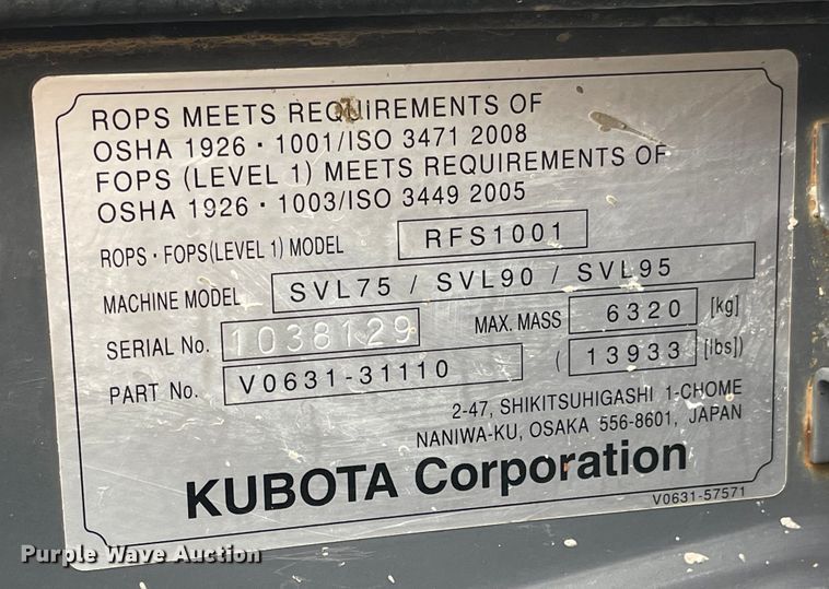 image for item MJ9787 2019 Kubota SVL75-2  tracked skid steer loader