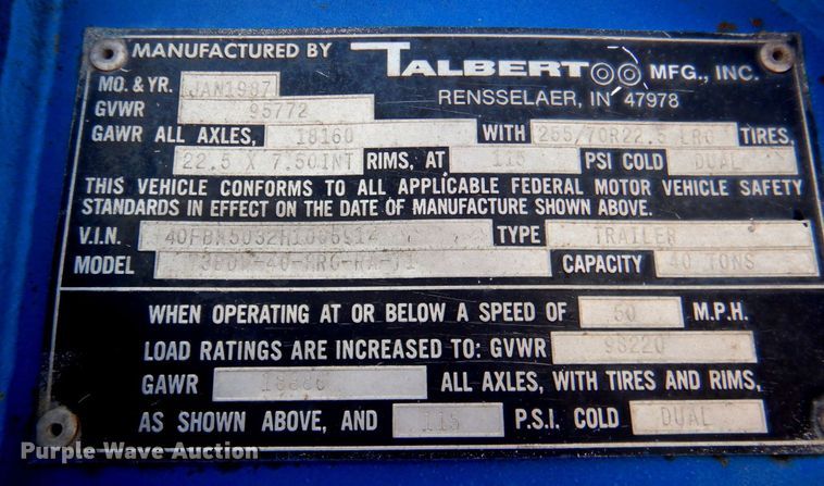 image for item DP4263 1987 Talbert T3BDW-40-HRG-RA-T1  lowboy equipment trailer