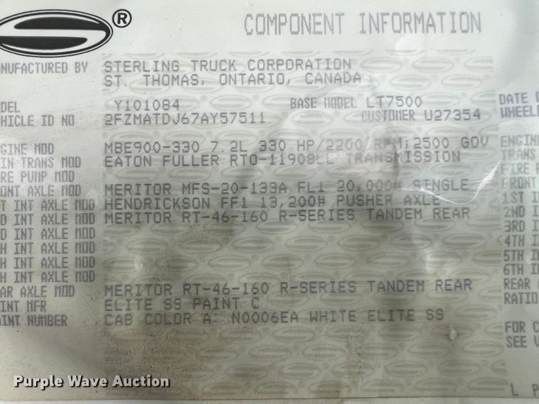 image for item KC9851 2007 Sterling LT7500  truck cab and chassis