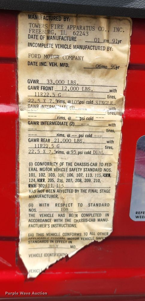 image for item DL6575 1990 Ford F800  fire truck