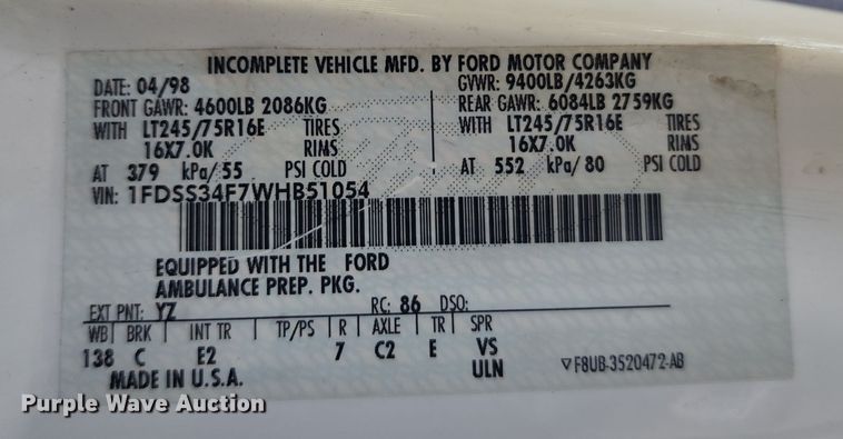 image for item DL6626 1998 Ford E350  ambulance