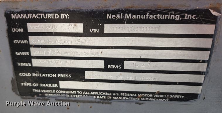 image for item DL6639 2003 Neal Manufacturing  utility trailer