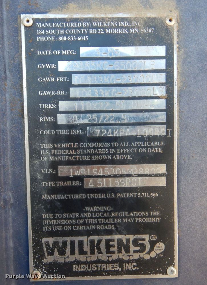 image for item DM2263 2005 Wilkens 54115SPOT  walking floor trailer