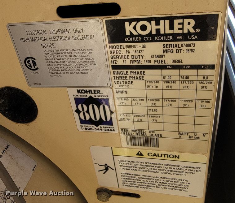 image for item JG9814 2002 Kohler 60  generator