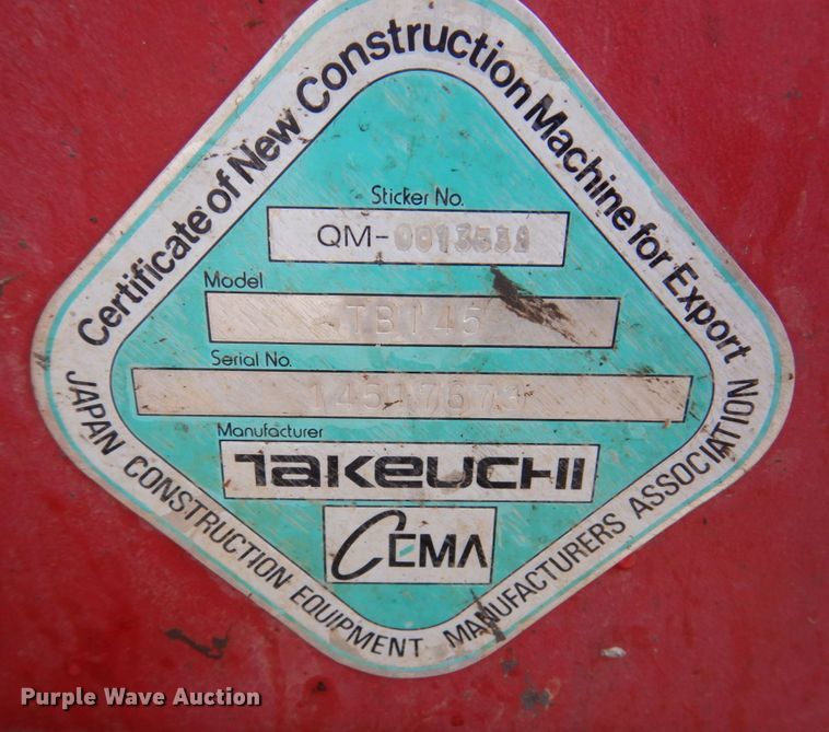 image for item KR9190 2007 Takeuchi TB145  mini excavator