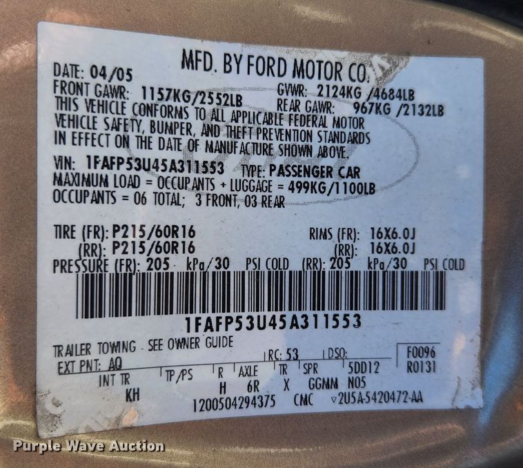 image for item MK9013 2005 Ford Taurus SE