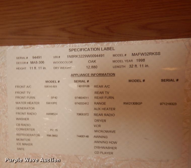 image for item DR1240 1998 Newmar Mountain Aire  camper