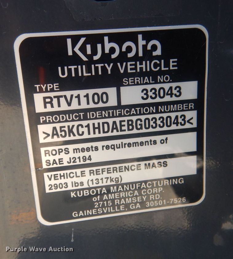 image for item HU9423 2011 Kubota RTV 1100  utility vehicle