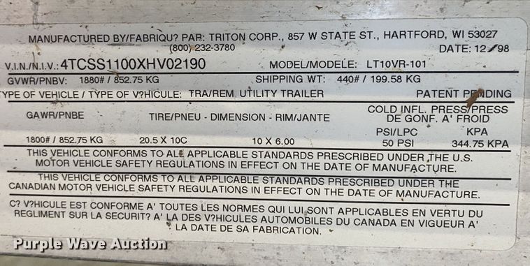 image for item JA9175 1999 Triton LT10VR-101  snowmobile trailer