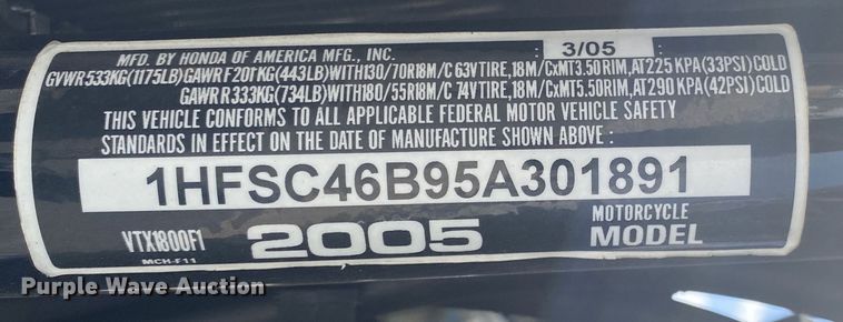 image for item JA9206 2005 Honda VTX1800F1  motorcycle