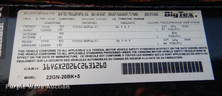 image for item KJ9858 2012 Big Tex 22GN-20BK+5  equipment trailer