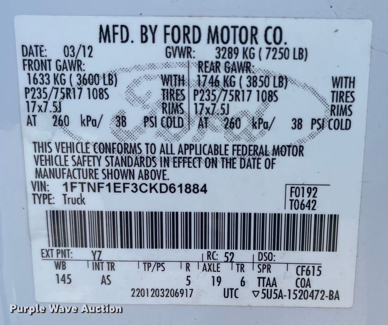 image for item LF9072 2012 Ford F150 XL  pickup truck