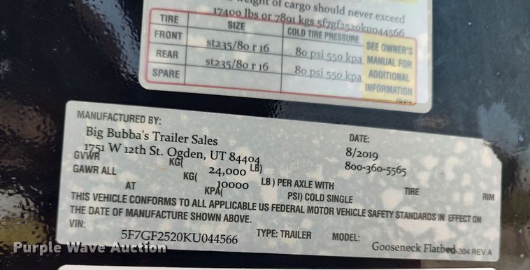 image for item LU9082 2019 Big Bubba's  equipment trailer