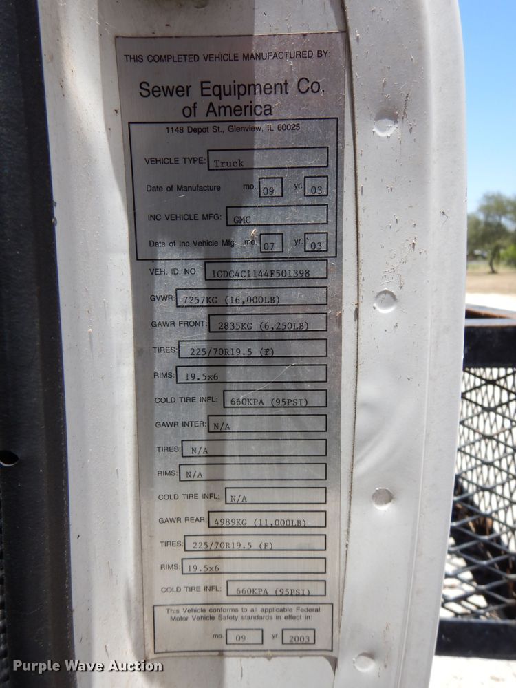 image for item DJ0820 2004 GMC C4500  sewer rodder truck