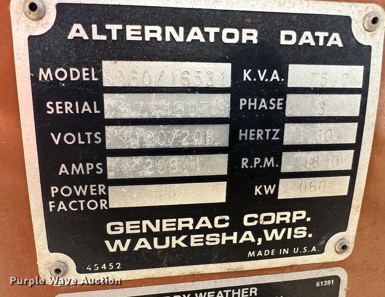 image for item KC9877 Generac SD60/16531  generator