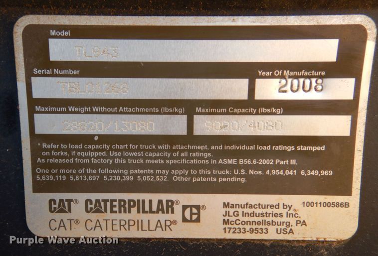 image for item KJ9859 2008 Caterpillar TL943  telehandler