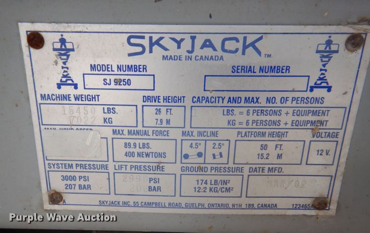image for item KR9237 2002 Skyjack SJ9250  scissor lift
