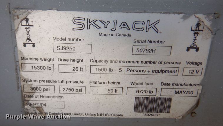 image for item KR9238 2000 Skyjack SJ9250  scissor lift
