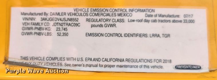 image for item LU9111 2018 Freightliner Cascadia 125  semi truck