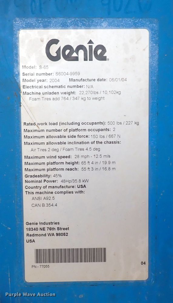 image for item DC4004 2004 Genie S-65  boom lift