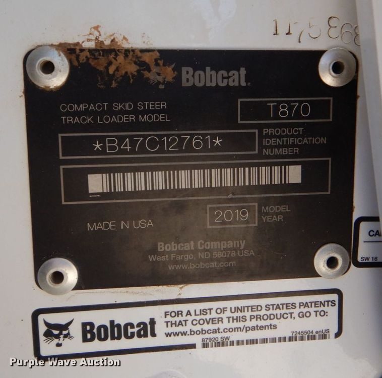 image for item DO1464 2019 Bobcat T870  tracked skid steer loader