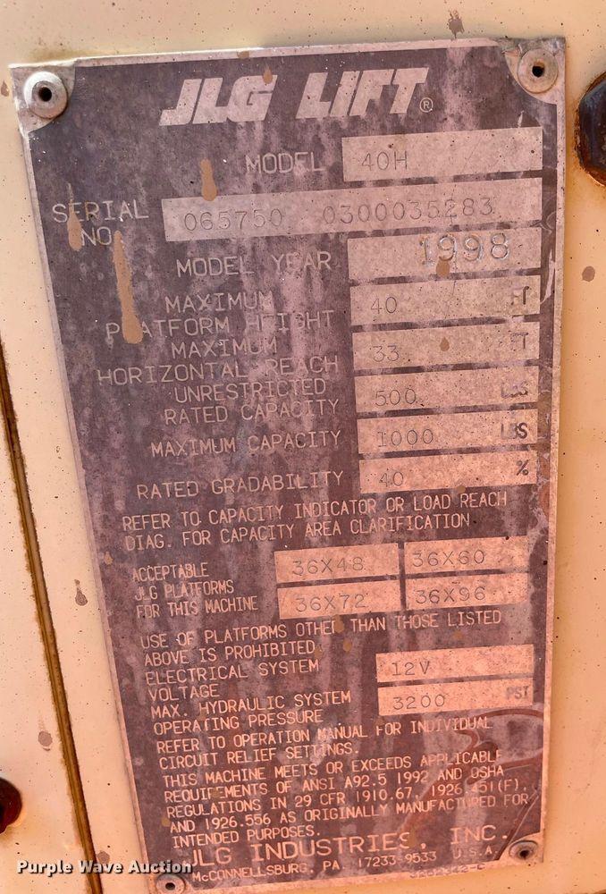 image for item JC9899 1998 JLG 40H  boom lift