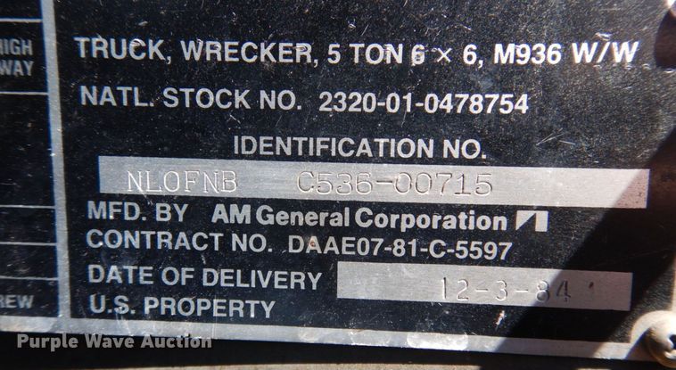 image for item DP5621 1984 Am General M936  tow truck