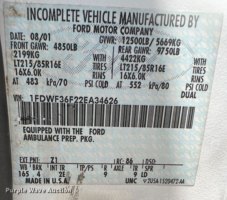 image for item DS8452 2002 Ford F350 Super Duty  ambulance