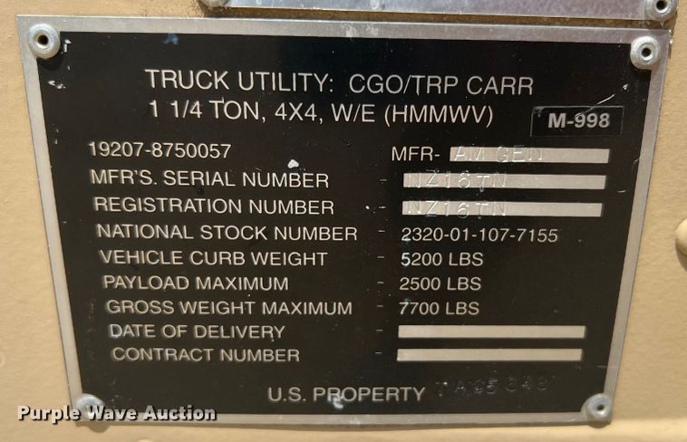 image for item HL9245 2007 Am General M998  SUV