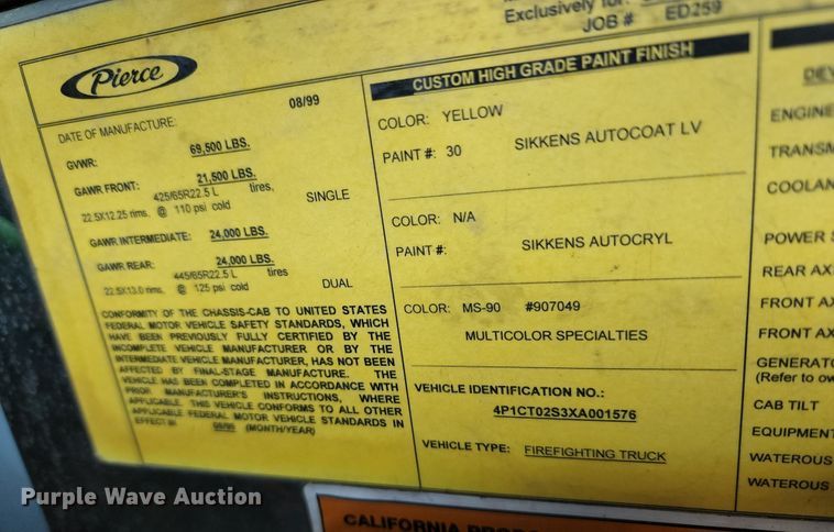 image for item JA9942 1999 Pierce Tilt Cab  ladder fire truck