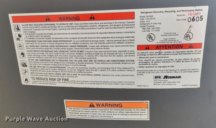 image for item JC9803 SPX Robinair Cooltech 34700Z  refrigerant recovery, recycling, and recharging station