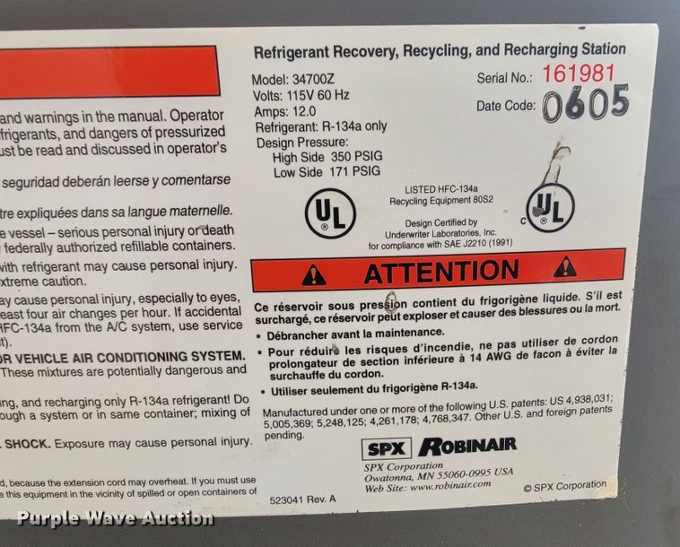 image for item JC9803 SPX Robinair Cooltech 34700Z  refrigerant recovery, recycling, and recharging station