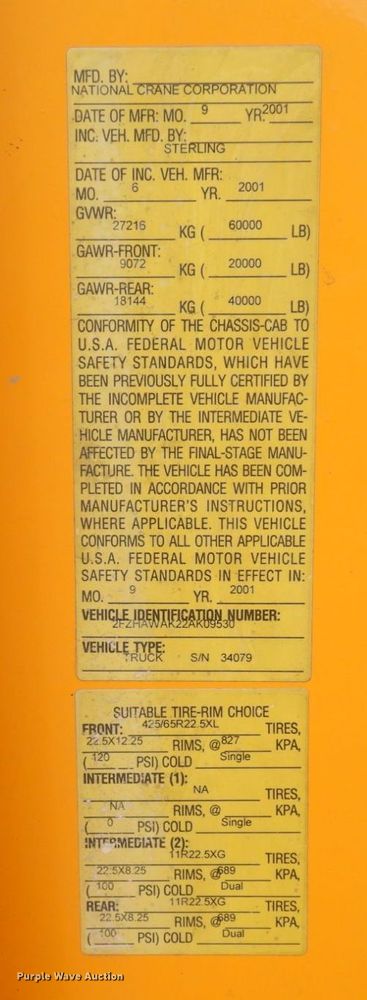 image for item JL9972 2002 Sterling L-Line  crane truck