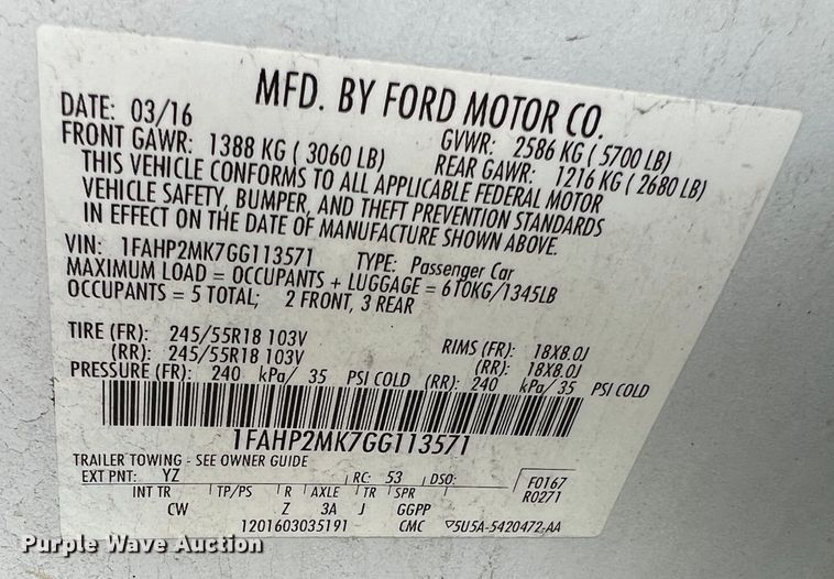 image for item JM9279 2016 Ford Taurus Police Interceptor