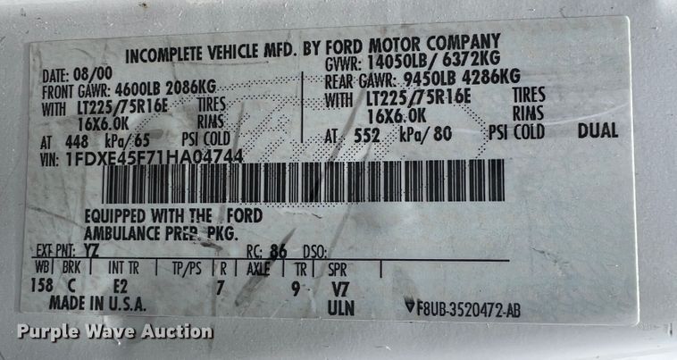 image for item JX9291 2001 Ford E450 Super Duty  ambulance