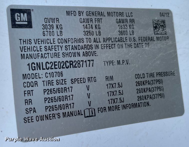 image for item KJ9775 2012 Chevrolet Tahoe Police  SUV