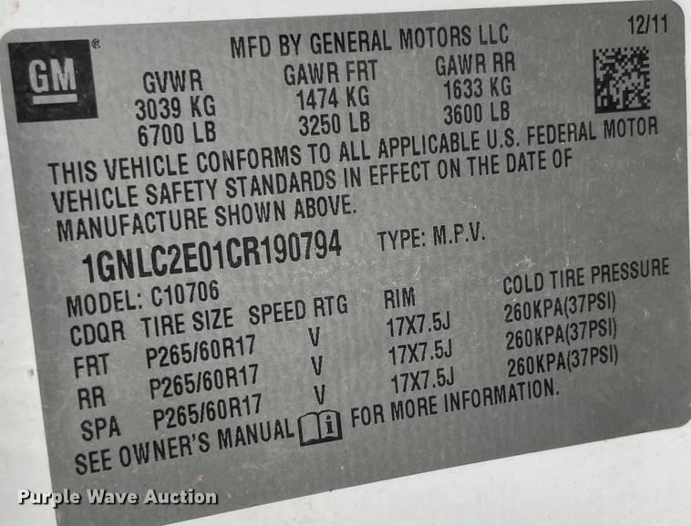 image for item KJ9777 2012 Chevrolet Tahoe Police  SUV