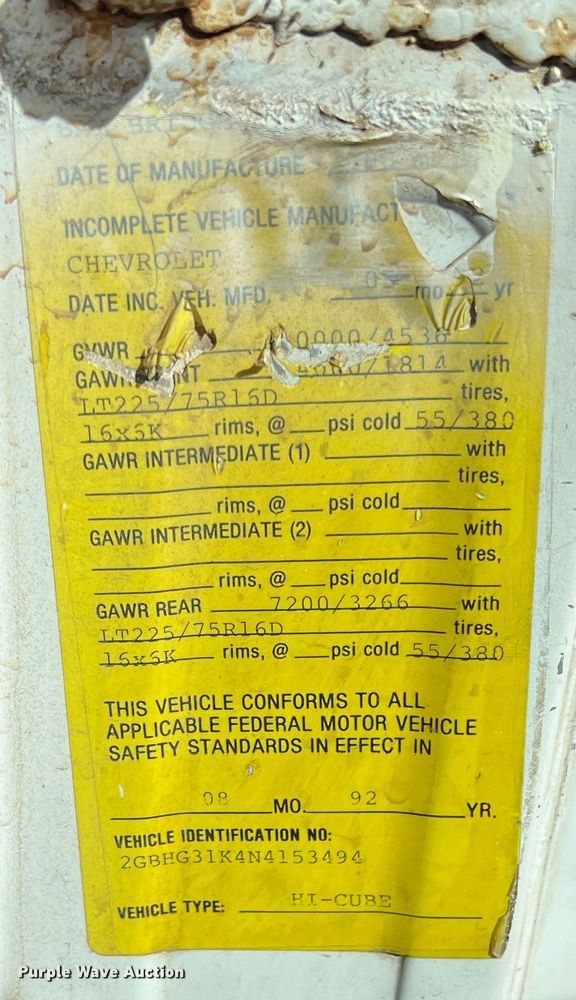 image for item LI9358 1992 Chevrolet G30  box truck