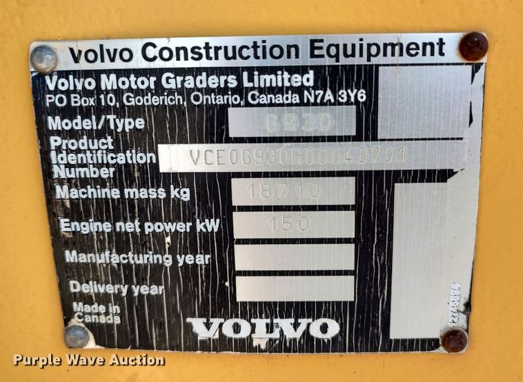 image for item LU9178 2007 Volvo G930  motor grader