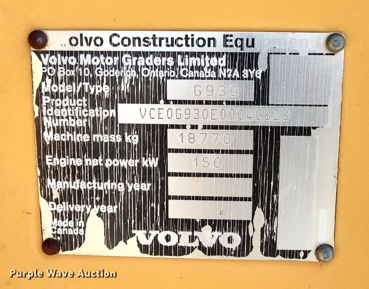 image for item LU9180 2007 Volvo G930  motor grader