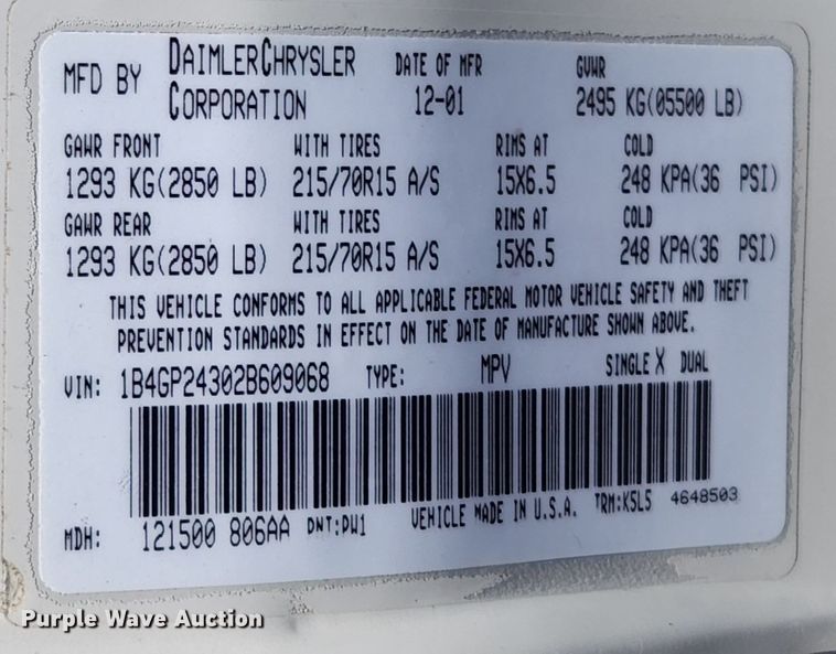 image for item MK9028 2002 Dodge Grand Caravan SE  van