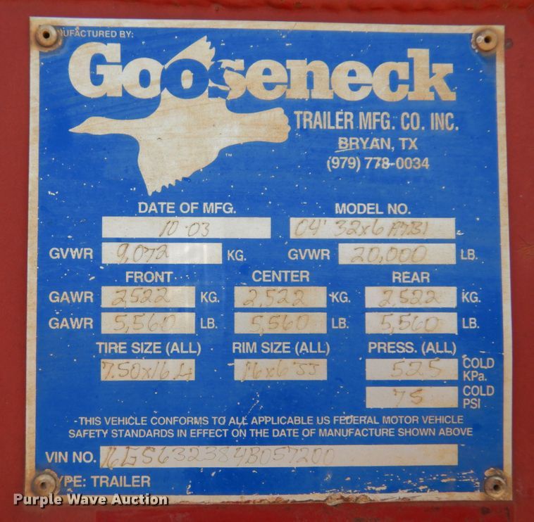image for item DK0377 2004 Gooseneck Trailers A7B1  livestock trailer