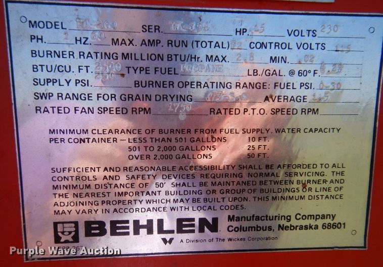 image for item JH9691 Behlen HA-260  grain dryer