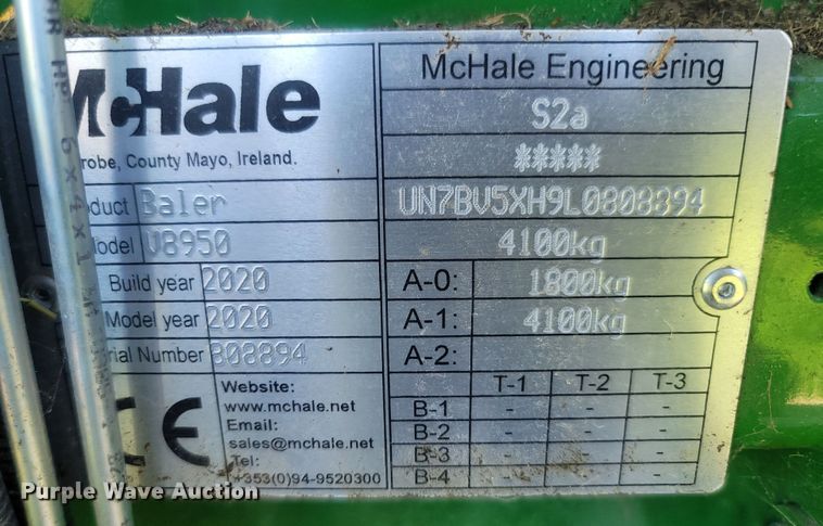 image for item LM9555 2020 Mchale V8950  round baler