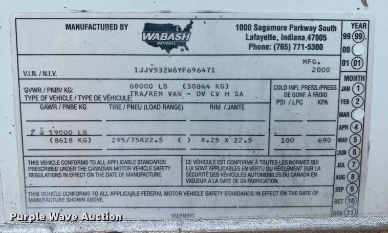 image for item KC9911 2000 Wabash  dry van trailer