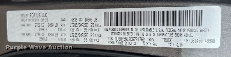 image for item DS8455 2019 Dodge Ram 2500  Mega Cab pickup truck