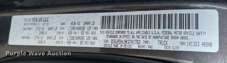 image for item DS8456 2019 Dodge Ram 2500  Mega Cab pickup truck