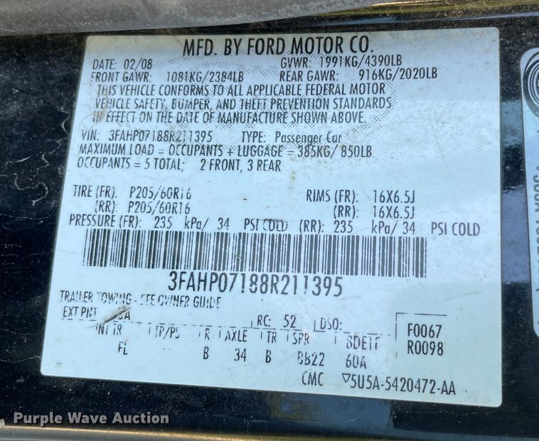 image for item KJ9751 2008 Ford Fusion SE