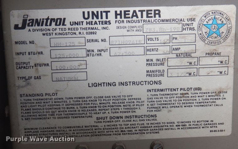 image for item MU9718 Janitrol WH-125  natural gas heater