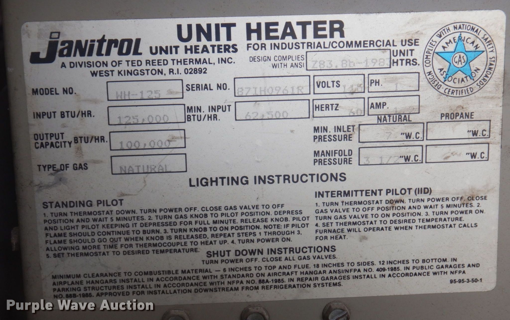 Janitrol WH125 natural gas heater in Farber, MO Item MU9718 sold
